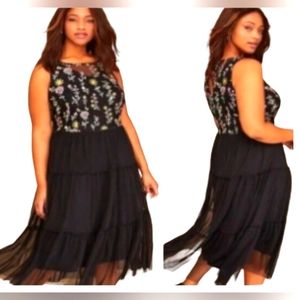 Lane Bryant Womens Black Embroidered Floral Mesh Tiered Ruffle Maxi Dress Size20